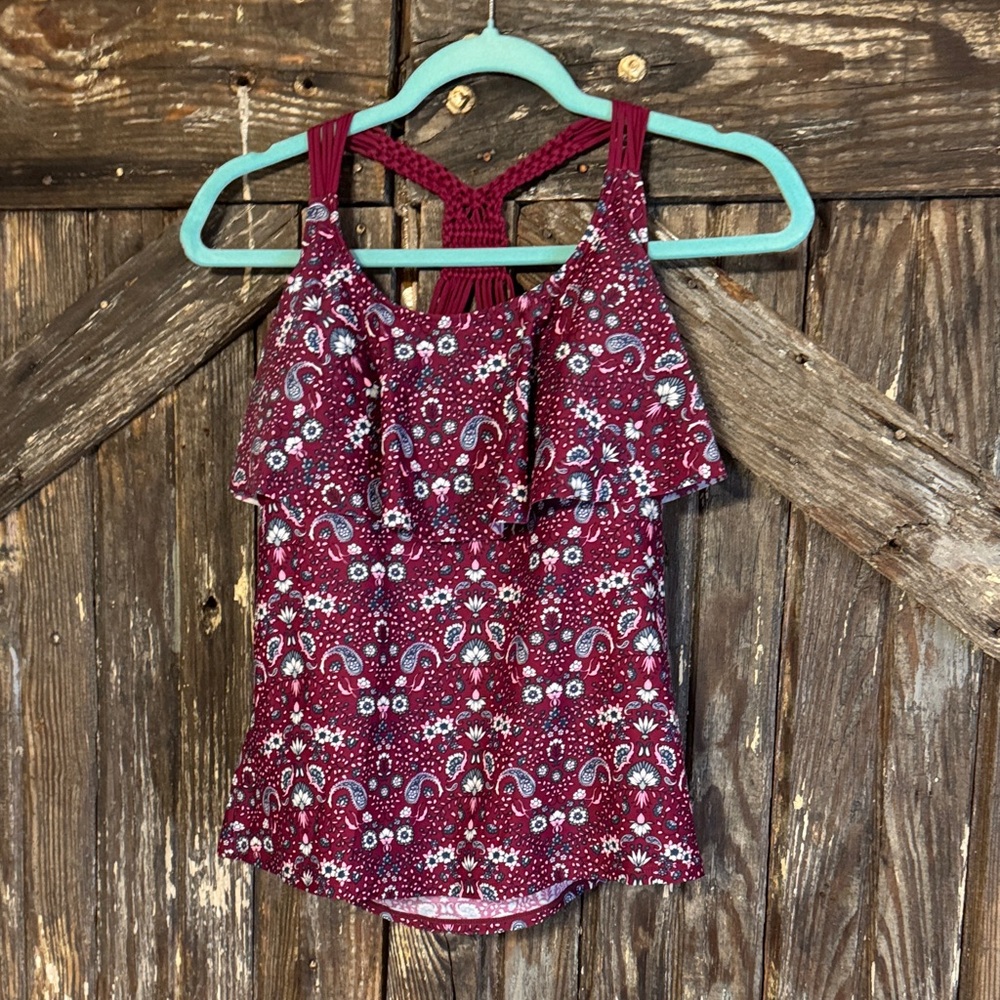 Arizona Jean Company Burgundy Paisley with Crochet back Swim Tank